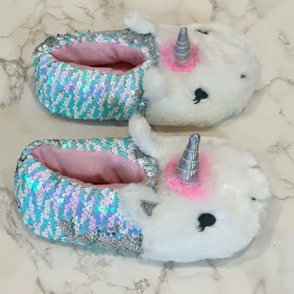 Capelli New York Little Girls Sequin Unicorn Slippers Size 1-2